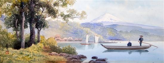 Japanese School Boatman on a lake with Mount Fuji beyond, 9 x 22.5in.